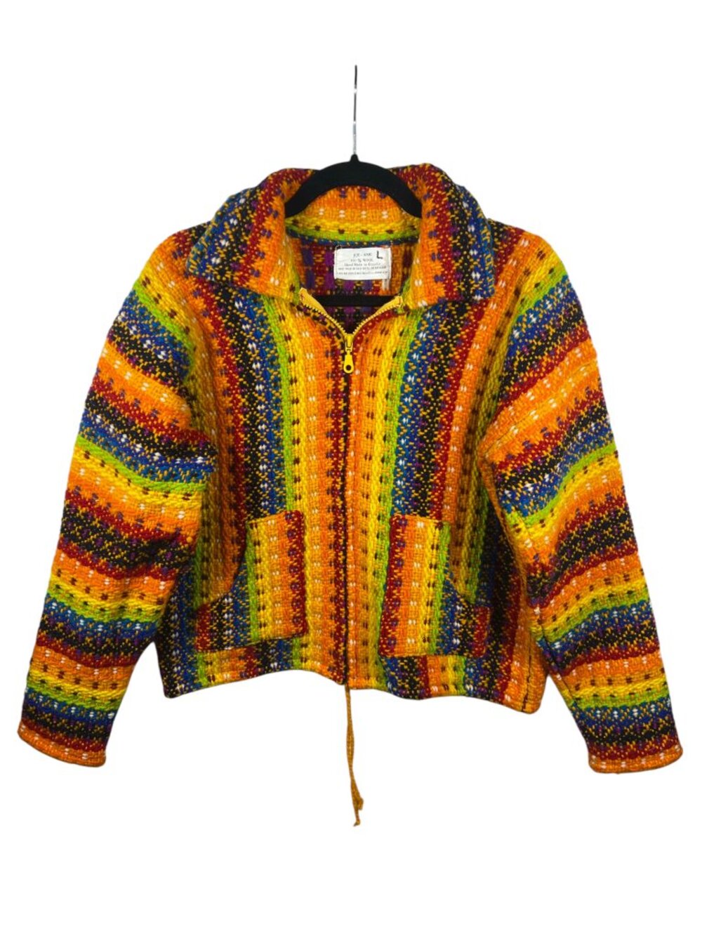 Vintage Ecuador Jacket Large Full Zip 100% Wool Handmade Chunky Knit Sweater